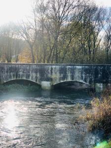 eine Steinbrücke über einen Fluss mit Wasser in der Unterkunft Chez Barbich’s in Jezainville