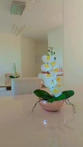 a vase with a plant sitting on a table at Apart° Grande Lar in Guarapari