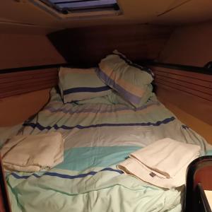 a bed with two pillows on top of it at Spirit of Shackleton yacht in Puerto Calero