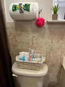 una cesta en la parte superior de un inodoro en el baño en Paradise en Miami