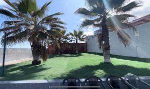 a green yard with palm trees and a building at Deptos en Iquique, Chile, frente a Playa Brava in Iquique