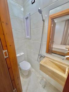 a bathroom with a toilet and a sink and a mirror at Masa Hotel in Mansoura