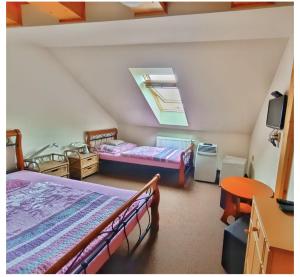 Schlafzimmer im Dachgeschoss mit 2 Betten und einem TV in der Unterkunft Penzion Nové dvory in Kutná Hora