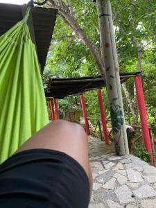 een persoon in een hangmat in een boom bij Alojamiento Rural Las Melinas 