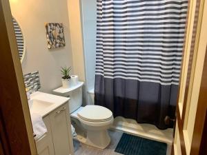 a bathroom with a toilet and a shower curtain at Quiet Studio #1 in Halifax