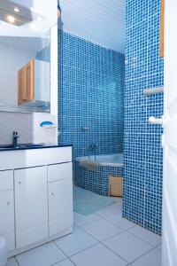 a bathroom with a sink and a blue tile shower at JDREAMLOC in Kourou