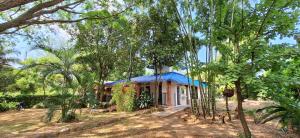 une maison avec un toit bleu au milieu des arbres dans l'établissement RV Finca a 20 min de Neiva, à Neiva