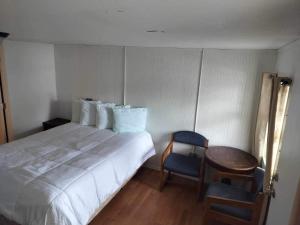 1 dormitorio con 1 cama, 1 mesa y 1 silla en Oceanside Ocean Front Cabins, en Oceanside