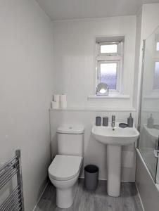 a white bathroom with a toilet and a sink at 3 Bedroom Apartment Sleeps 8 in Edinburgh