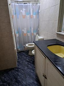 uma casa de banho com um WC, um lavatório e um chuveiro em Casona con Barbacoa en Av princ em Montevidéu