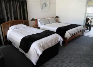 a hotel room with two beds and a window at Catnap Cottage, Manapouri in Manapouri