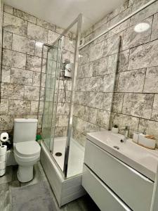 een badkamer met een douche, een toilet en een wastafel bij Comfortable flat in Stokes Croft in Bristol