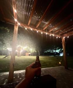 une personne tenant une bouteille de bière sous une pergola dans l'établissement The Beach House Long Beach, à New Agutaya