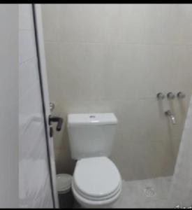 a bathroom with a white toilet and a shower at Ushua Aike (Nuestro Lugar) in Los Antiguos