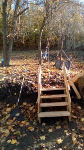 a wooden staircase in a park with leaves on the ground at Mountain house in West Homestead