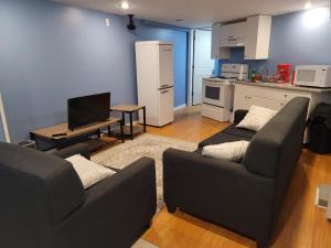a living room with two couches and a kitchen at Cosy Basement Apartment on the East side. in Saint John