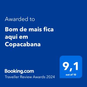 Sertifikatas, apdovanojimas, ženklas ar kitas apgyvendinimo įstaigoje Bom de mais fica aqui em Copacabana matomas dokumentas