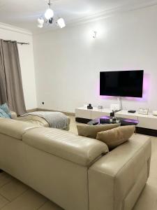 sala de estar con sofá y TV de pantalla plana en Ulili 1br apts Makepe, en Douala