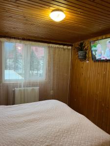 1 dormitorio con 1 cama y TV en la pared en Cottage u Romana, en Yaremche