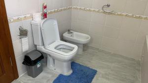 a bathroom with a toilet and a trash can at Luxury-Family-Cottage in Bosteri