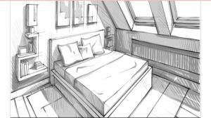 un dibujo de un dormitorio con una cama en una habitación en Lanta Para hut en Ko Lanta