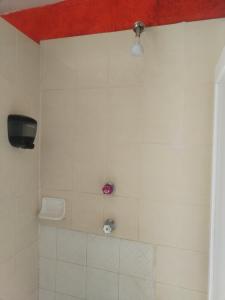 a bathroom with a shower with a red ceiling at Hospedaje Del Campanero 19 in Guanajuato