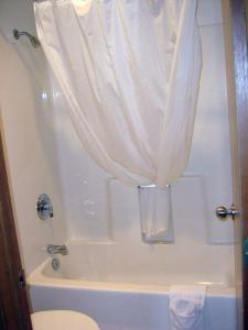 ein Bad mit einer Dusche mit einem weißen Vorhang in der Unterkunft Murphy's Alaskan Inn in Seward