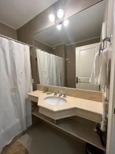 baño con lavabo y espejo grande en Monoambiente Green Park- Solanas en Punta del Este