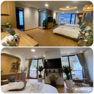1 dormitorio grande con 1 cama y sala de estar en Tropical paradise Hotel & Coffee en Sa Pa