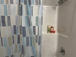 La salle de bains est pourvue d'un rideau de douche rempli de livres. dans l'établissement Brand New - Home Away from Home in NW Calgary, à Calgary