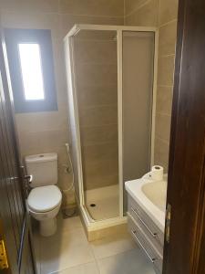 a bathroom with a toilet and a shower and a sink at Furnished Chalet Apartment at La Hacienda Ras Sedr in Ras Sedr