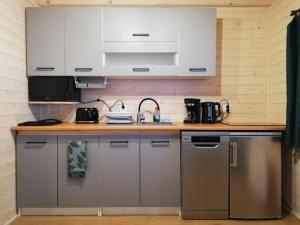 a kitchen with white cabinets and stainless steel appliances at Sowi Stok in Sokolec