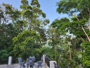 un grupo de sillas en un puente con árboles en Eagle Nest, en Galle