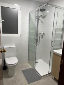 ein Bad mit einer Dusche, einem WC und einem Waschbecken in der Unterkunft Lovely rooms near the metro in Paterna