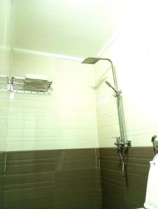 a bathroom with a shower with brown tiles at Chu Thuong Bungalow in Ninh Binh