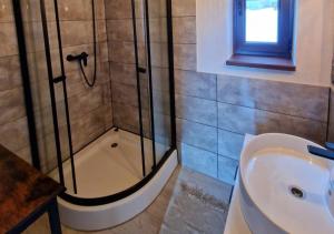 a bathroom with a shower and a sink at BALABO Kuča in Horná Lehota