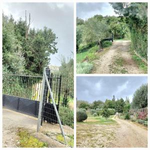 un collage de tres fotos de un camino de tierra en Nina's Guesthouse Corfu, en Gazátika