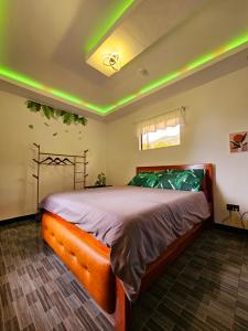 um quarto com uma cama com luzes verdes no tecto em Bushis Crib Staycation Farmhouse em Panubigan