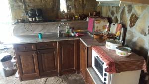 eine Küche mit Holzschränken, einer Spüle und einem Herd in der Unterkunft Complex Roden Kray in Vlaychovtsi