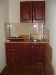 a kitchen with wooden cabinets and a sink at Chernivtsi Apartments in Chernivtsi