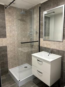 een badkamer met een witte wastafel en een douche bij Gites les Voyageurs in Vogüé