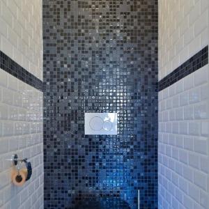 a bathroom with a shower with blue tiles at Beau 2P, très équipé, localisation parfaite/AC in Villefranche-sur-Mer