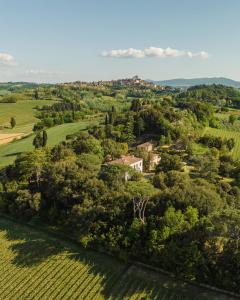 eine Luftansicht eines Dorfes auf einem Feld mit Bäumen in der Unterkunft Villa Cosmiana suites in Peccioli
