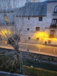 un árbol sin hojas delante de un edificio en La casa sobre el rÍo, en Cuenca