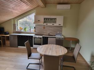 a kitchen with a table and chairs in a room at apartma jermol in Most na Soči