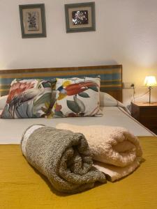 a towel laying on top of a bed with pillows at Casa Celia in Miranda del Rey +36 photos