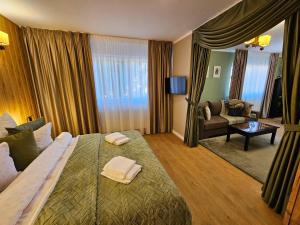 ein Hotelzimmer mit einem Bett und einem Sofa in der Unterkunft Casa de oaspeti DaciAna in Braşov