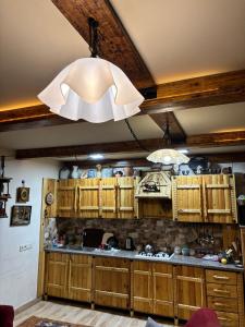 een keuken met houten kasten en een groot licht bij Villa Nors in Jerevan