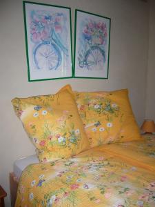 um quarto com uma cama com uma almofada para bicicletas e pinturas em Gite de Mailhac em Loubières