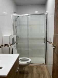 y baño con ducha, aseo y lavamanos. en PRADALONGO, en Madrid